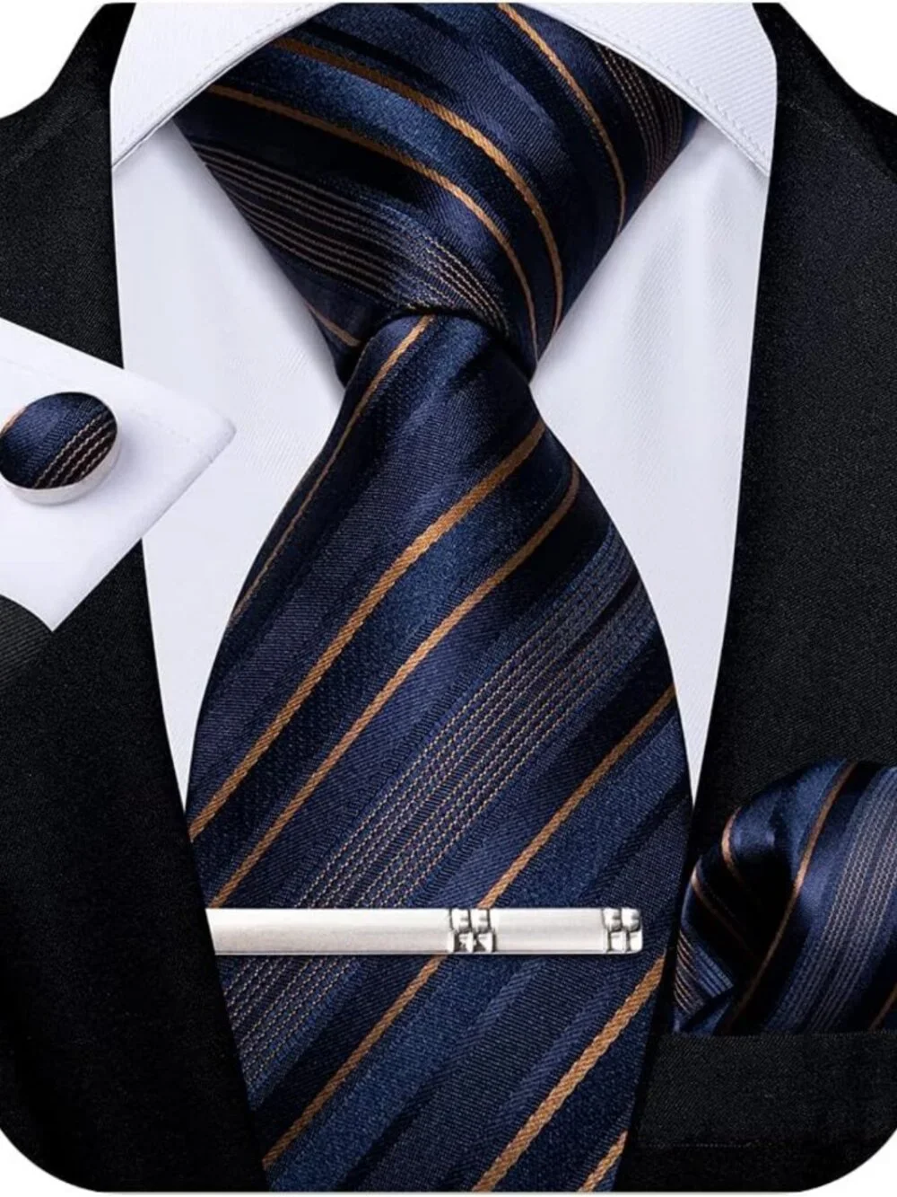 Men's Silk Striped Necktie Set with Pocket Square & Cufflinks - Formal Wedding